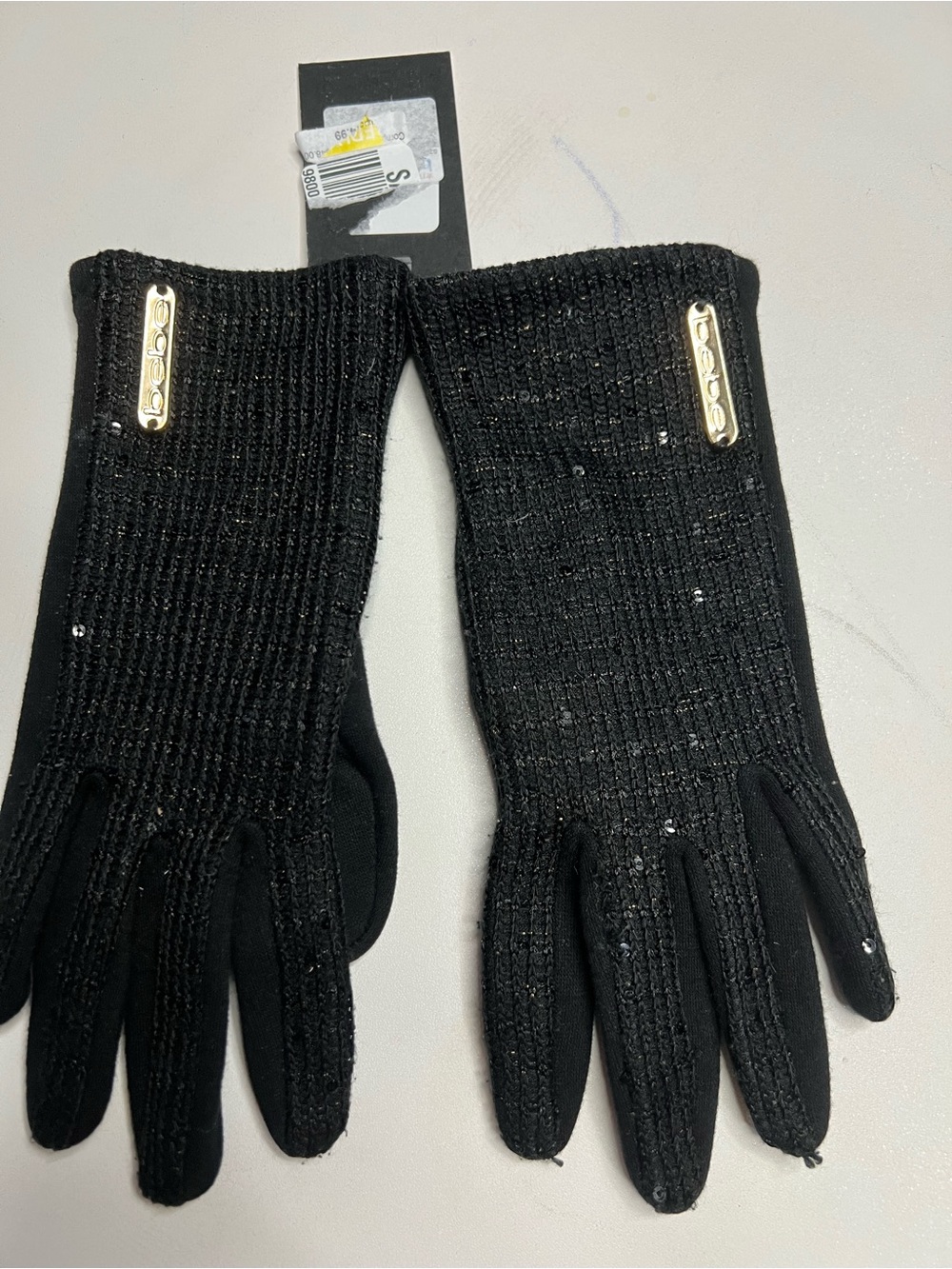 bebe Black Knit Women's Gloves with Gold Plaque